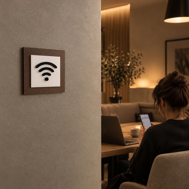 Вказівник Wi-Fi зона, сучасна квадратна табличка з об'ємним значком, акрил + фанера 100×100 мм