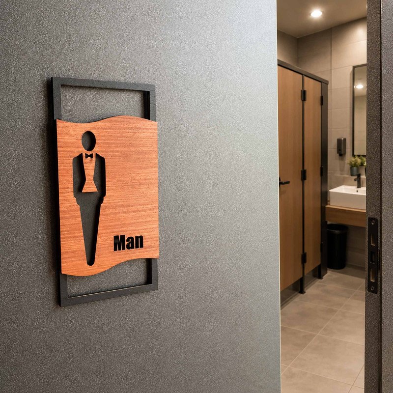 Дизайнерські таблички Man + Woman для туалету — чорна та горіхова фанера, 2 шт.