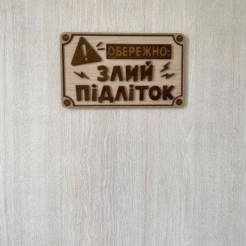 Прикольна дерев'яна табличка "Обережно! Злий підліток" | Настінний декор з фанери 25×15 см