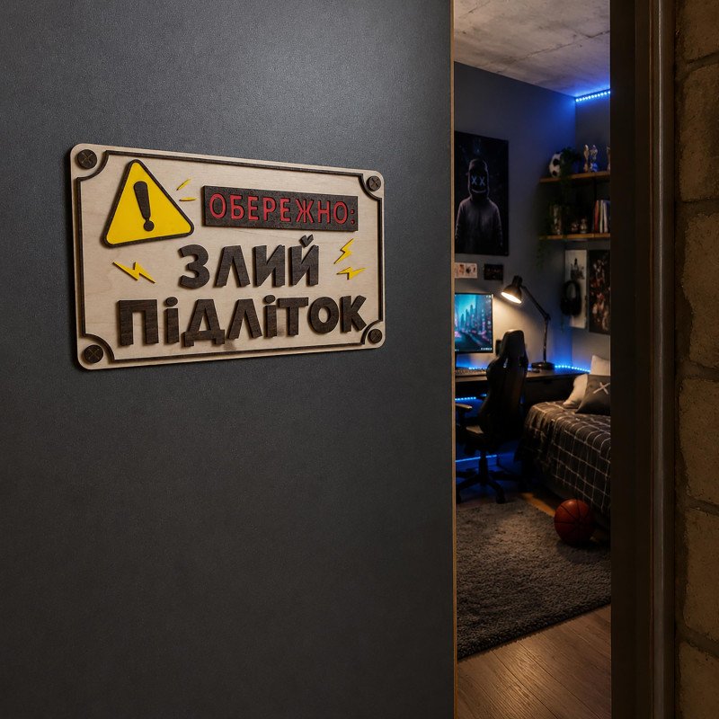 Дерев'яна табличка на двері в кімнату підлітка «Обережно Злий Підліток» 25х15 см | Прикольний декор інтер'єру