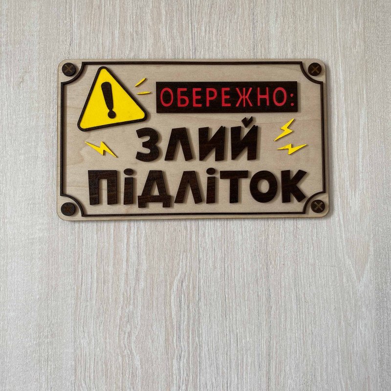 Дерев'яна табличка на двері в кімнату підлітка «Обережно Злий Підліток» 25х15 см | Прикольний декор інтер'єру